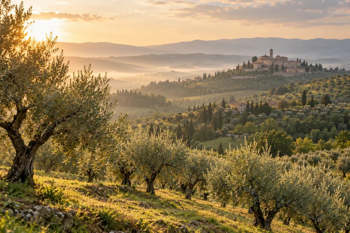 Ulivi e un borgo tra le colline, nella luce del mattino