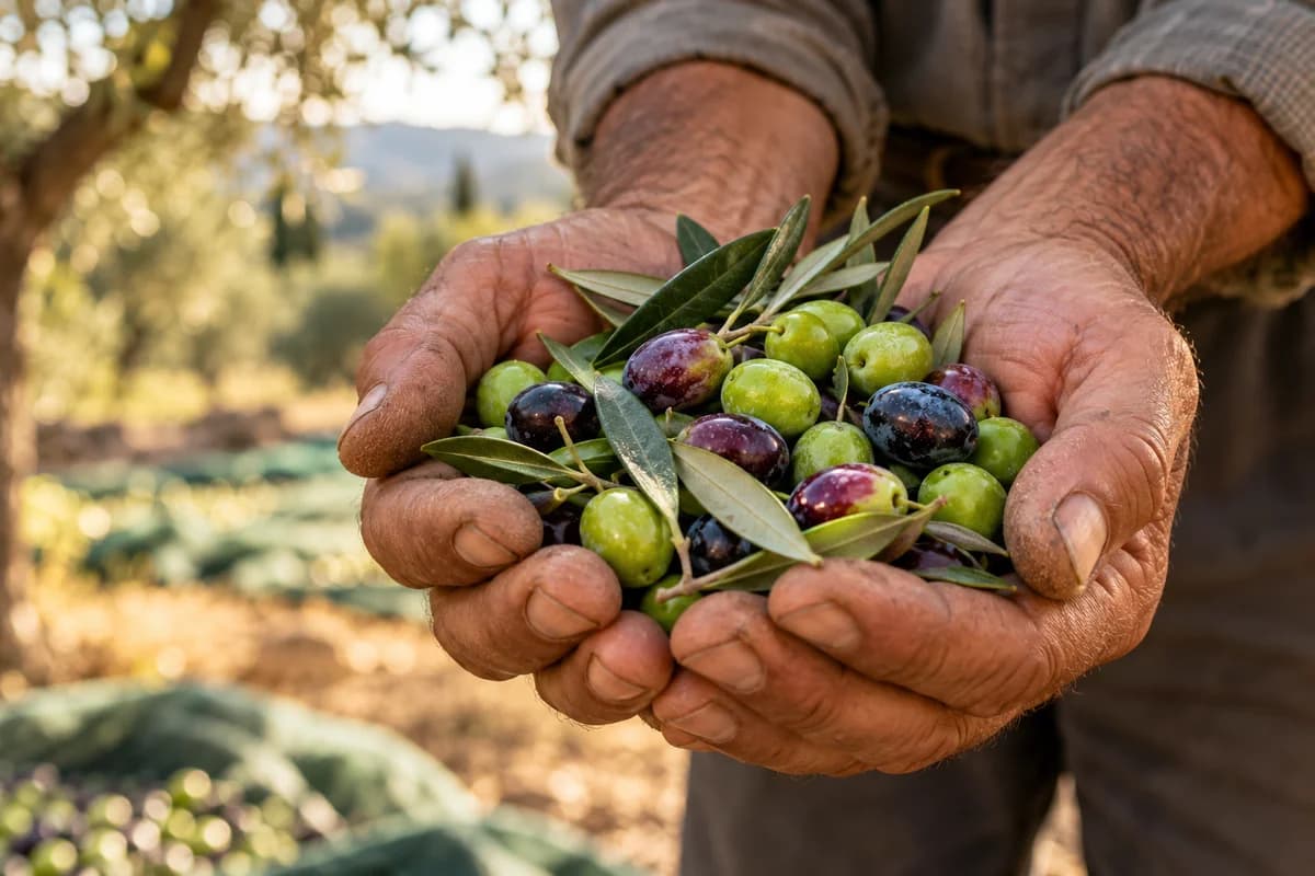 Mani di un produttore che raccolgono olive appena colte