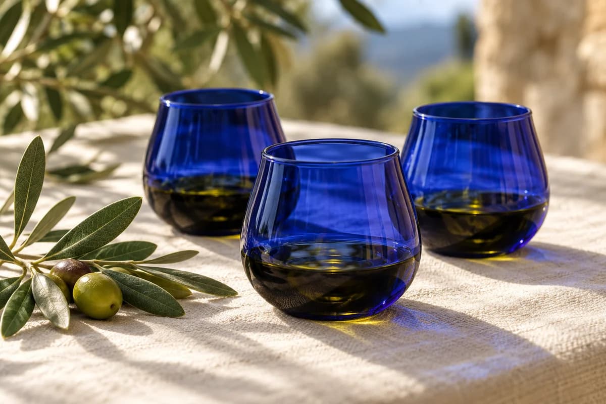 Bicchieri blu per la degustazione dell’olio su una tavola apparecchiata